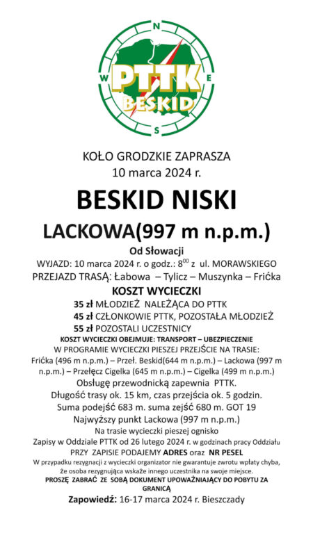 Wycieczka Beskid Niski (Lackowa), 10 marca 2024 r.