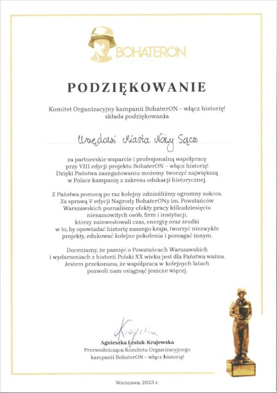 Podziękowania dla Urzędu Miasta w Nowym Sączu
