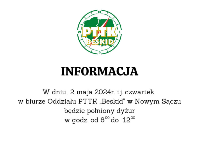 Dyżur w PTTK, 2 maja 2024 r., godz. 8.00-12.00