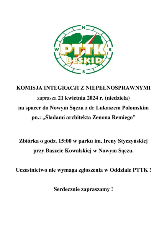 Spacer po Nowym Sączu z dr Łukaszem Połomskim pn.: „Śladami architekta Zenona Remiego", 21 kwietnia 2024 r.
