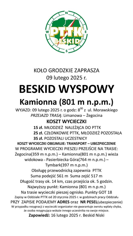 Wycieczka Beskid Wyspowy, Kamionna ( 801m n.p.m) 09 lutego 2025r