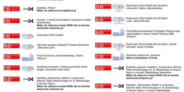 Wydarzenia kulturalne w Nowym Sączu- marzec 2026r